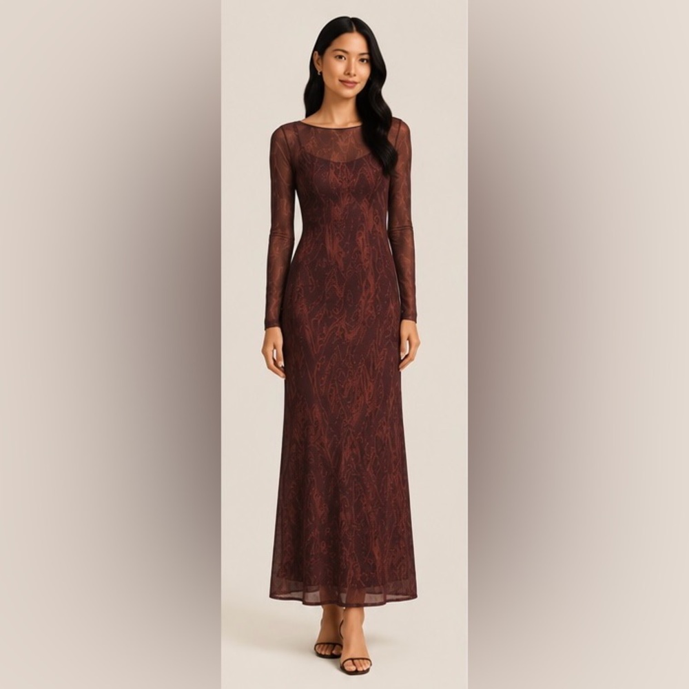 Loana Burgundy Marble Mesh Maxi Dress Women’s Small Long Sleeve Open Back